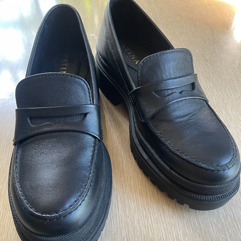 Patina black leather, chunky, slip on loafer. Size 7